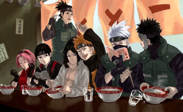 Anime picture 1400x860 with naruto studio pierrot naruto (series) uzumaki naruto uchiha sasuke haruno sakura hatake kakashi sai yamato (naruto) umino iruka black hair blonde hair wide image pink hair black eyes open clothes open shirt hug facial mark group