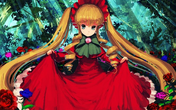 Anime picture 1946x1216 with rozen maiden shinku jean popo single looking at viewer highres blue eyes blonde hair wide image twintails very long hair sunlight drill hair dress lift lolita fashion girl dress flower (flowers) bow tree (trees)