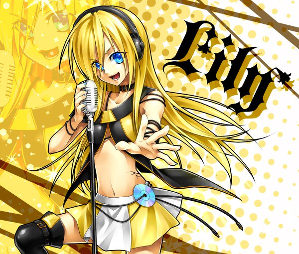 Anime picture 1200x1020 with vocaloid lily (vocaloid) ueno tsuki single long hair looking at viewer fringe open mouth blue eyes light erotic blonde hair holding bent knee (knees) nail polish fingernails hair over one eye character names outstretched arm leg lift (legs lift) polka dot
