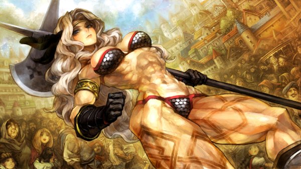 Anime picture 2560x1440 with dragon's crown vanillaware long hair highres breasts blue eyes light erotic wide image large breasts standing looking away white hair city cityscape girl gloves underwear panties weapon boots