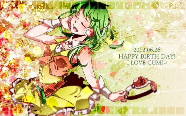 Anime picture 1500x937 with vocaloid gumi nou single blush short hair open mouth wide image bare shoulders eyes closed green hair inscription wallpaper character names happy birthday singing girl headphones wrist cuffs goggles