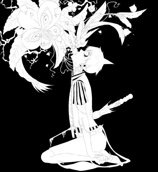 Anime picture 1380x1500 with ao no exorcist a-1 pictures amaimon darieari single tall image simple background profile pointy ears black background monochrome demon boy
