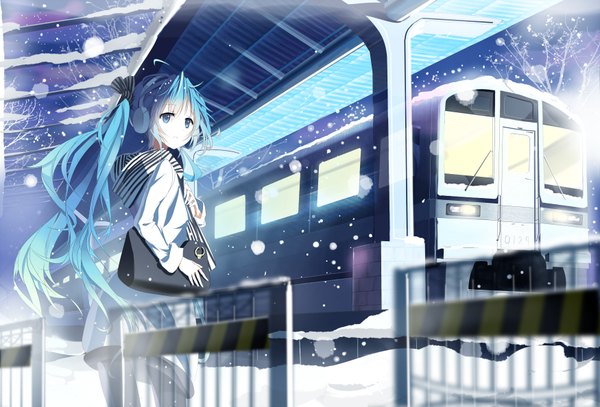Anime picture 3500x2375 with vocaloid hatsune miku siji (szh5522) single long hair highres open mouth blue eyes standing twintails blue hair looking away absurdres snowing winter snow crying girl gloves plant (plants)