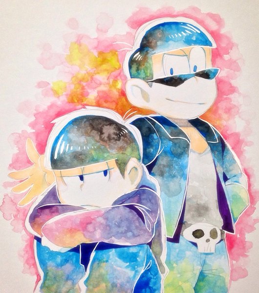 Anime picture 978x1108 with osomatsu-san matsuno karamatsu matsuno ichimatsu wadani hitonori tall image looking at viewer short hair black hair smile standing sitting looking away ahoge open jacket multiple boys hand on hip siblings traditional media watercolor (medium) brothers