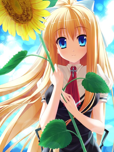 Anime picture 1200x1600 with air key (studio) kamio misuzu hinata nao long hair tall image blue eyes blonde hair smile girl flower (flowers) sunflower