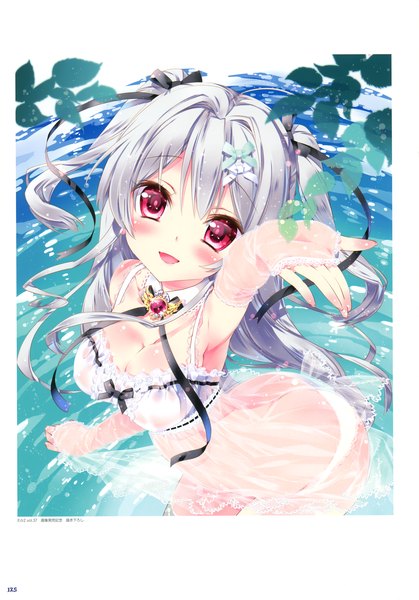 Anime picture 2446x3500 with original kamiya maneki single long hair tall image blush highres breasts open mouth light erotic red eyes silver hair scan two side up wet clothes girl leaf (leaves) sundress