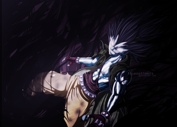 Anime picture 2000x1440 with fairy tail gajeel redfox ric9duran single long hair highres black hair smile from above grin piercing coloring torn clothes muscle blank eyes boy fingerless gloves pants cloak