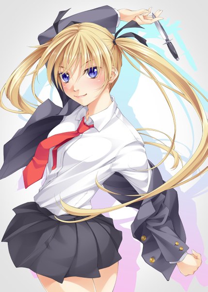 Anime picture 907x1268 with kill me baby j.c. staff sonya (kill me baby) mukunokino isshiki single long hair tall image looking at viewer blush blue eyes blonde hair smile twintails girl skirt uniform school uniform shirt necktie knife