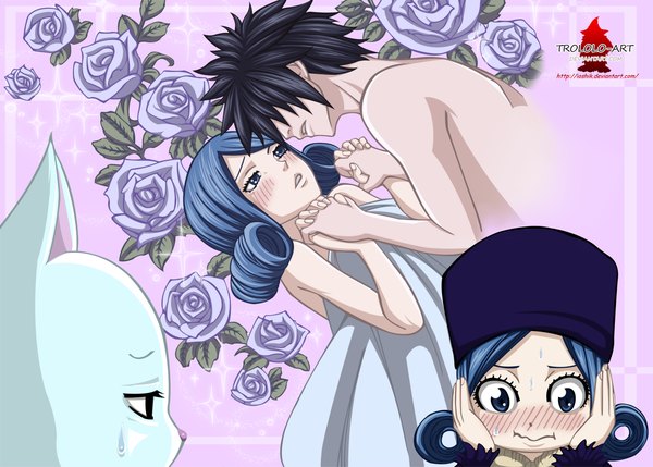 Anime picture 1300x930 with fairy tail gray fullbuster juvia lockser charle (fairy tail) ioshik long hair blush fringe short hair blue eyes black hair simple background bare shoulders signed blue hair black eyes hair over one eye sweat coloring holding hands
