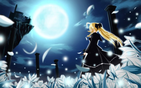 Anime picture 1920x1200 with hayate no gotoku! tennos athena single long hair highres blonde hair wide image from behind night rock girl dress flower (flowers) petals black dress moon full moon castle pillar column