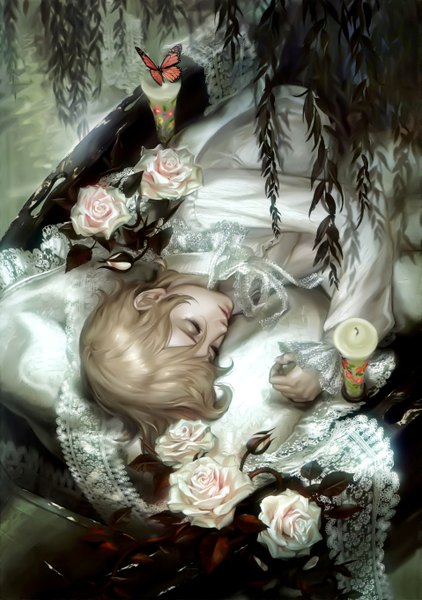 Anime picture 3825x5444 with original midori foo tall image highres short hair blonde hair absurdres eyes closed scan androgynous flower (flowers) plant (plants) rose (roses) insect butterfly candle (candles)