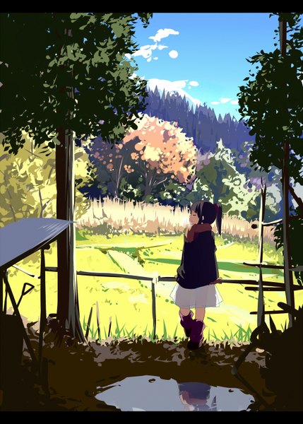 Anime picture 1072x1500 with original ogipote single long hair tall image black hair ponytail eyes closed reflection letterboxed landscape scenic steam girl skirt plant (plants) tree (trees) jacket boots fence