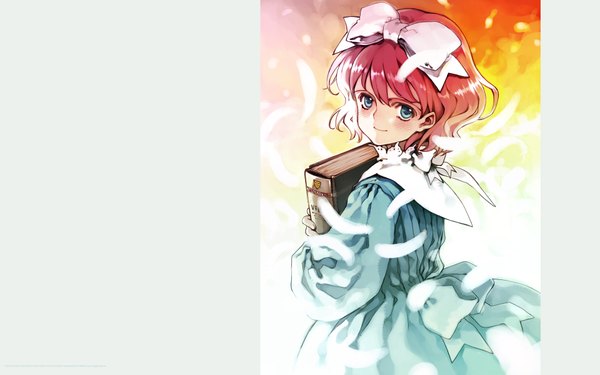 Anime picture 1920x1200 with shoujo mahou gaku little witch romanesque littlewitch aria vancleef oyari ashito single looking at viewer highres short hair blue eyes smile wide image pink hair upper body wallpaper girl dress bow hair bow book (books) blue dress
