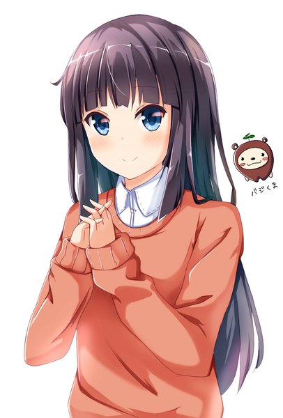 Anime picture 677x1000 with original ok-ray single long hair tall image looking at viewer blush fringe blue eyes black hair simple background white background upper body blunt bangs light smile hieroglyph hands clasped girl sweater