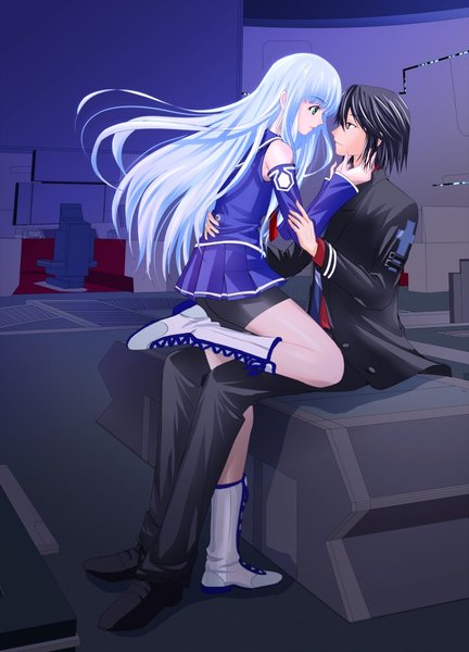 Anime picture 720x1000 with aoki hagane no arpeggio iona chihaya gunzou poifuru hana long hair tall image fringe short hair open mouth black hair sitting bare shoulders brown eyes green eyes blue hair bent knee (knees) indoors profile pleated skirt hug