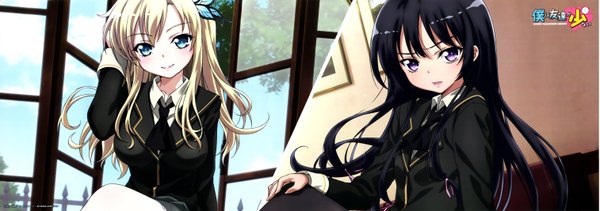 Anime picture 6049x2136 with boku wa tomodachi ga sukunai kashiwazaki sena mikazuki yozora long hair blush highres open mouth blue eyes black hair blonde hair smile wide image sitting purple eyes multiple girls absurdres multiview girl uniform hair ornament