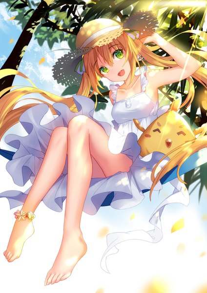 Anime picture 1357x1920 with idol memories hayakawa kokona bison cangshu single tall image looking at viewer open mouth blonde hair twintails green eyes very long hair barefoot bare legs girl plant (plants) hat tree (trees) sundress straw hat