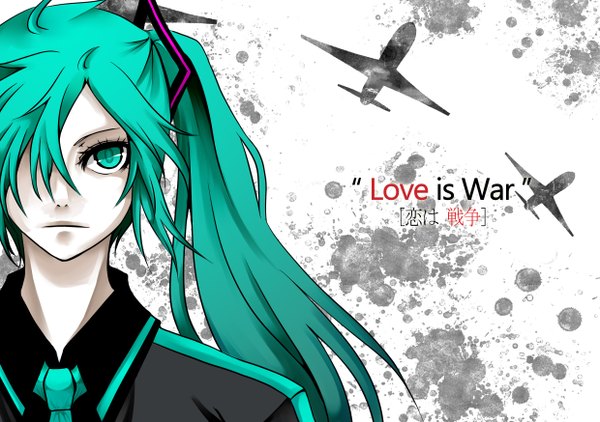 Anime picture 2480x1748 with vocaloid hatsune miku long hair fringe highres green eyes green hair hair over one eye vector girl necktie aircraft airplane