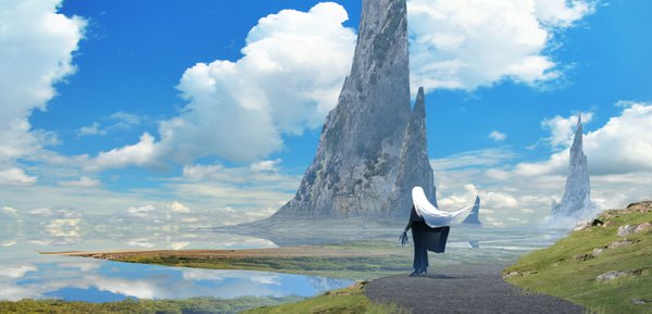 Anime picture 2800x1350 with original asteroid ill single long hair highres wide image standing sky cloud (clouds) full body white hair from behind mountain photo background girl dress water black dress road claw (weapon)