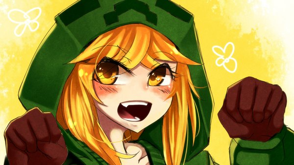 Anime picture 1920x1080 with minecraft creeper at2. single long hair looking at viewer blush fringe highres open mouth blonde hair wide image yellow eyes arms up personification soft beauty girl gloves jacket hood