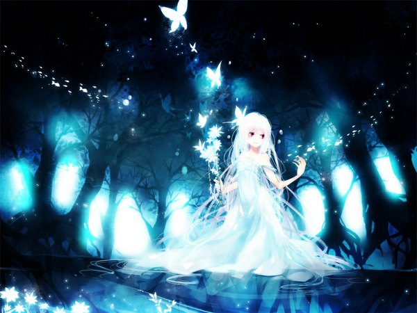Anime picture 1000x750 with original yuukichi single long hair blush smile purple eyes bare shoulders white hair girl plant (plants) tree (trees) water insect butterfly sundress forest