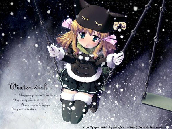 Anime picture 1600x1200 with original yamabuki zarame alexxan single looking at viewer blush short hair open mouth blonde hair sitting signed outdoors pleated skirt aqua eyes from above zettai ryouiki fur trim text snowing winter