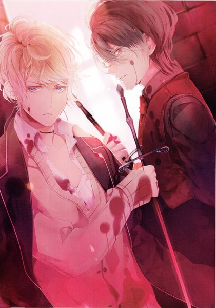 Anime picture 2118x3016 with diabolik lovers idea factory sakamaki shuu sakamaki reiji tall image looking at viewer highres short hair blue eyes black hair blonde hair red eyes open clothes multiple boys teeth fang (fangs) open shirt siblings partially open clothes vampire