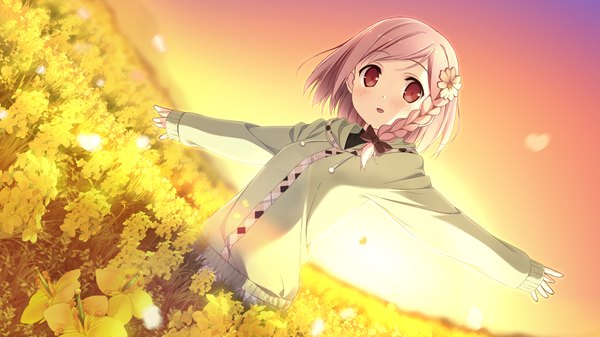 Anime picture 1920x1080 with your diary yua (your diary) kantoku single highres short hair open mouth red eyes wide image pink hair game cg braid (braids) long sleeves hair flower loli evening sleeves past wrists sunset spread arms side braid