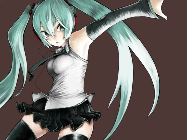 Anime picture 3200x2400 with vocaloid hatsune miku highres breasts twintails arm up girl skirt headphones