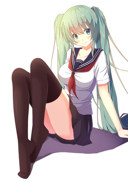 Anime picture 1169x1654 with vocaloid hatsune miku tianya beiming single tall image looking at viewer blush blue eyes white background twintails very long hair aqua hair shadow legs girl thighhighs skirt uniform black thighhighs serafuku