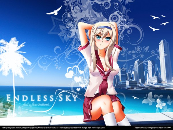 Anime picture 1280x960 with blue eyes blonde hair city arms behind head girl serafuku hairband