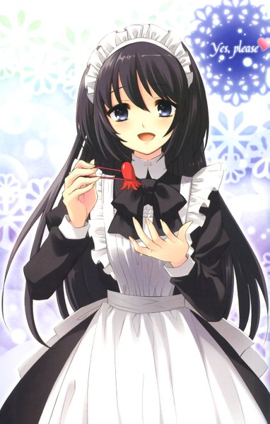 Anime picture 1806x2838 with flyable heart shirasagi mayuri itou noiji single long hair tall image looking at viewer blush highres open mouth blue eyes black hair official art maid girl food headdress maid headdress apron chopsticks