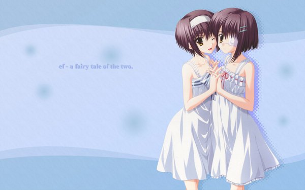 Anime picture 1920x1200 with ef ef a fairy tale of the two shaft (studio) shindou kei shindou chihiro nanao naru highres short hair black hair wide image bare shoulders multiple girls brown eyes signed one eye closed copyright name holding hands blue background third-party edit interlocked fingers