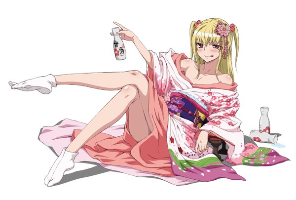 Anime picture 5600x3788 with maria holic shaft (studio) shidou mariya tagme (artist) long hair blush highres simple background blonde hair red eyes white background bare shoulders absurdres traditional clothes japanese clothes scan mole two side up mole under eye hieroglyph