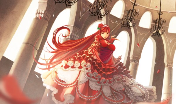 Anime picture 2000x1182 with arcana heart scharlachrot vol.7 single long hair highres breasts red eyes wide image large breasts red hair hair flower girl dress hair ornament rose (roses) red dress pillar column