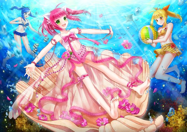 Anime picture 1219x862 with umi monogatari zexcs marin urin (umi monogatari) naomi (fantasia) long hair short hair blue eyes blonde hair twintails multiple girls green eyes blue hair pink hair ponytail barefoot orange eyes underwater girl dress