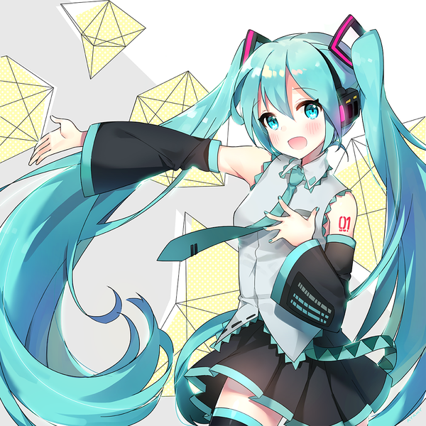 Anime picture 1200x1200 with vocaloid hatsune miku ayami (annahibi) single looking at viewer blush fringe open mouth hair between eyes twintails very long hair nail polish :d pleated skirt aqua eyes aqua hair outstretched arm hand on chest aqua nail polish girl