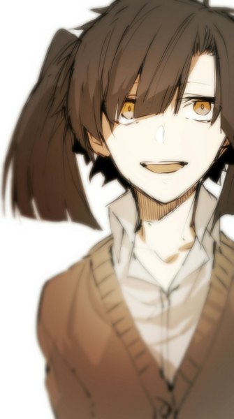 Anime picture 1378x2467 with kagerou project shaft (studio) enomoto takane fu go sen single long hair tall image fringe open mouth simple background smile hair between eyes brown hair white background twintails yellow eyes upper body :d blurry teeth