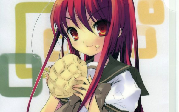 Anime picture 1680x1050 with shakugan no shana j.c. staff shana itou noiji long hair highres red eyes wide image red hair official art uniform school uniform bread melon bread