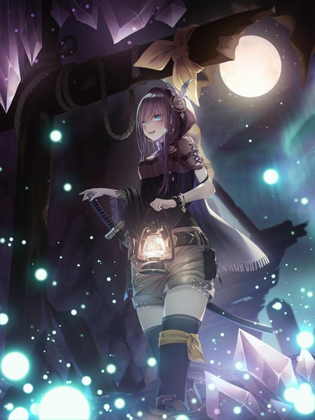 Anime picture 2000x2667 with original cecil86 single long hair tall image blush fringe highres breasts open mouth blue eyes holding looking away purple hair hair over one eye night from below partially submerged walking aurora borealis