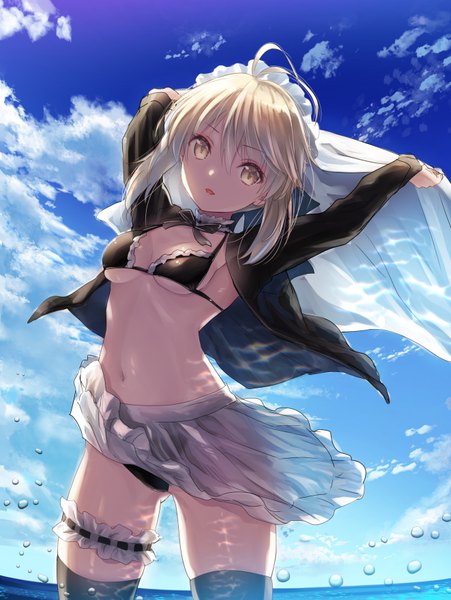 Anime picture 661x879 with fate (series) fate/grand order artoria pendragon (all) artoria pendragon (alter swimsuit rider) (fate) yasuyuki single tall image looking at viewer fringe short hair breasts open mouth light erotic blonde hair smile hair between eyes holding yellow eyes payot sky