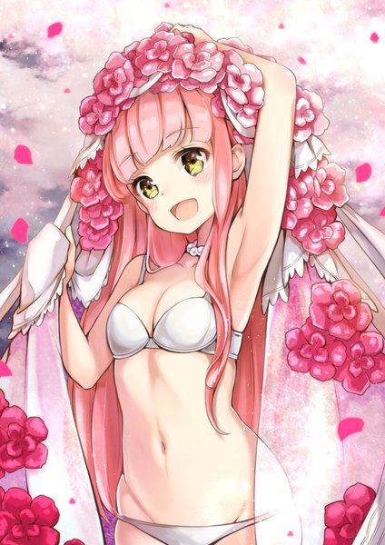 Anime picture 1100x1556 with fate (series) fate/grand order medb (fate) pilokey single long hair tall image looking at viewer blush fringe breasts light erotic smile standing holding yellow eyes looking away pink hair blunt bangs head tilt
