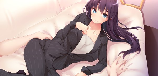 Anime picture 2250x1080 with brava! long hair looking at viewer blush highres breasts blue eyes black hair wide image large breasts game cg girl bed suit