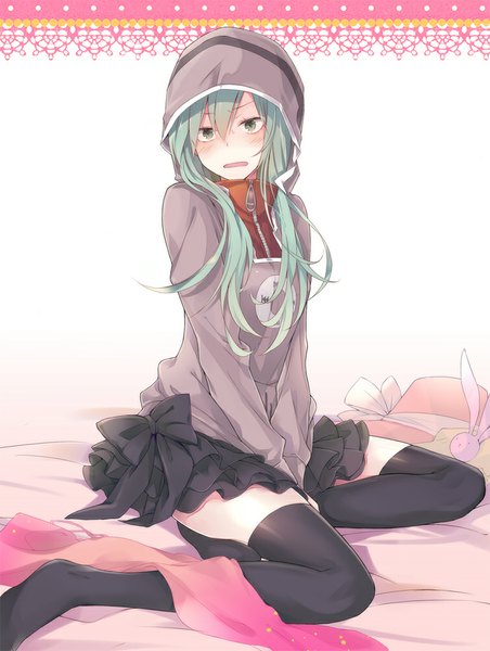 Anime picture 753x1000 with kagerou project shaft (studio) kido tsubomi ocha_(hutuumikan) single long hair tall image blush open mouth sitting green eyes looking away aqua hair girl thighhighs skirt black thighhighs hood black skirt