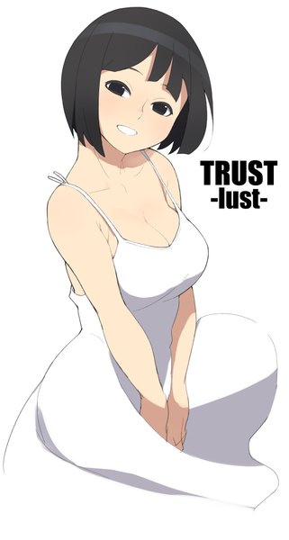 Anime picture 586x1095 with original accho (macchonburike) single tall image looking at viewer fringe short hair black hair simple background smile white background bare shoulders cleavage from above black eyes inscription girl dress sundress