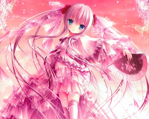 Anime picture 2750x2200 with tinker bell single long hair highres open mouth blue eyes twintails pink hair absurdres loli cherry blossoms transparent girl thighhighs dress underwear panties petals fan
