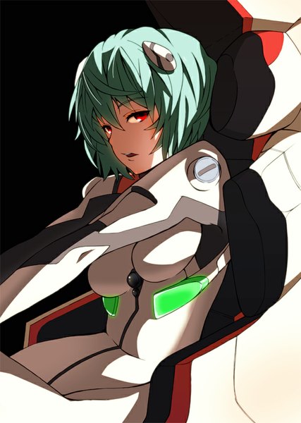 Anime picture 599x841 with neon genesis evangelion gainax ayanami rei kazufumi (kaz-newt) single tall image looking at viewer fringe short hair red eyes sitting blue hair parted lips girl bodysuit pilot suit