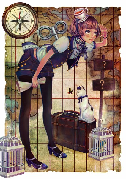 Anime picture 1061x1500 with original zihling single tall image blush fringe short hair brown hair standing holding nail polish fingernails high heels border long fingernails multicolored eyes girl ribbon (ribbons) animal pantyhose