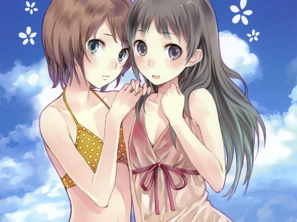 Anime picture 1500x1125 with atelier (series) gust (company) atelier rorona and totori (artbook) totooria helmold filly erhard kishida mel long hair looking at viewer blush short hair open mouth black hair brown hair standing bare shoulders multiple girls sky cloud (clouds) aqua eyes grey eyes
