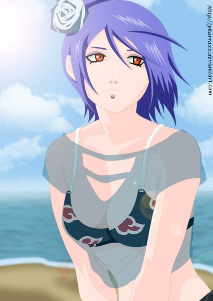 Anime picture 1024x1446 with naruto studio pierrot naruto (series) konan pharraxx single tall image short hair light erotic blue hair looking away cloud (clouds) hair flower orange eyes piercing coloring akatsuki girl hair ornament swimsuit